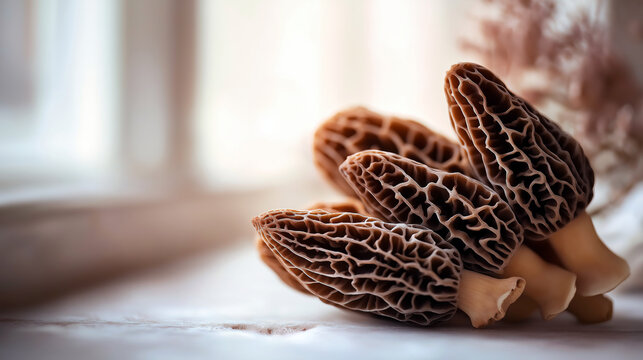 Close up of morel mushrooms showing intricate texture, kitchen setting, soft window light, food photography