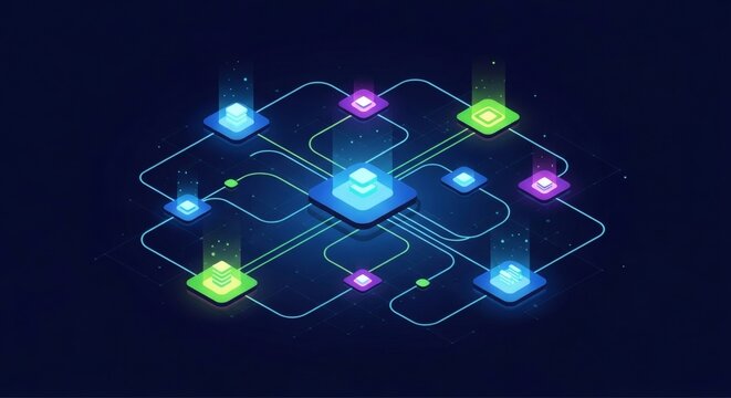 Network connections and data exchange visualized in glowing neon circuit board with nodes on dark background