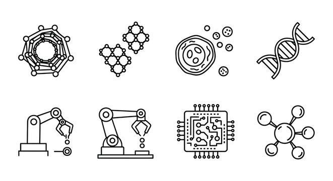 Flat vector icons set biology robotics and molecular structures