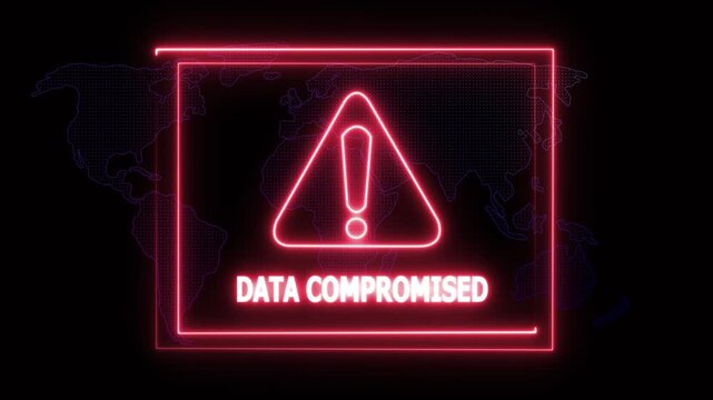 Data compromised alert Icon with binary code background. Attention grabbing icon highlights the importance of digital safety in today's interconnected world.4K black background ANIMATION