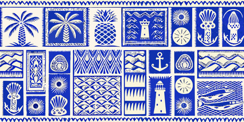 blue and white nautical and tropical pattern with pineapples and anchors © MihirKumarMondal