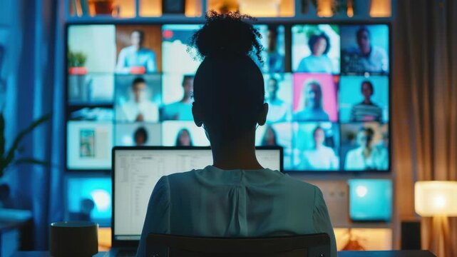 A woman working as a news anchor sitting in front of multiple screens showing different .
