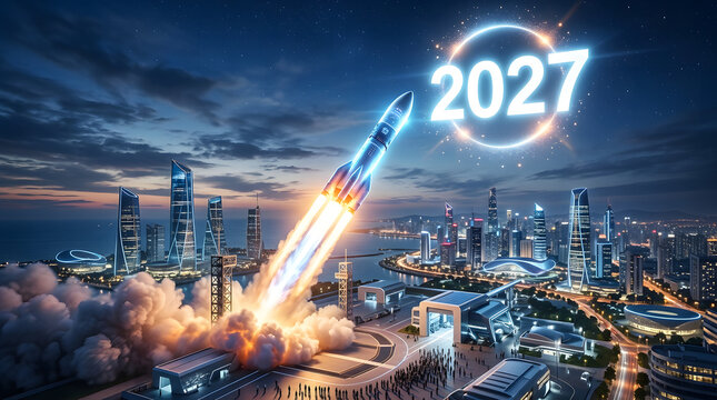 Futuristic city skyline at night, illuminated by a powerful rocket launch, symbolizes innovation, progress, and the ambitious new year of 2027
