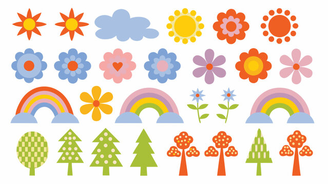 Floral and celestial pattern with rainbows and trees vector illustration