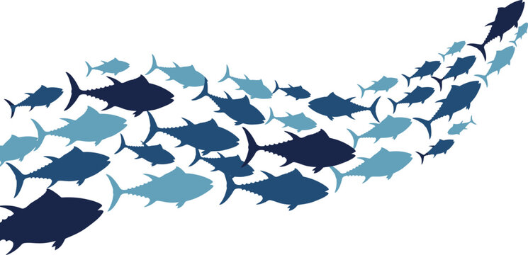Minimalist school of tuna fish vector, blue aquatic wildlife silhouettes swimming in wave formation, marine life tuna fish group illustration