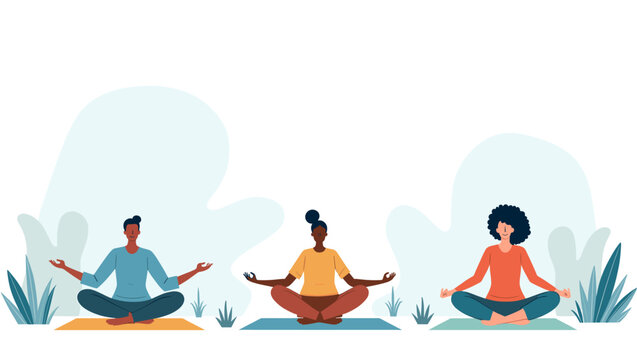 This serene illustration depicts a woman in a mindful pose, interacting with lush greenery. Ideal for concepts relating to wellness, environmental awa