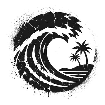 Black and white tropical wave graphic with palm trees on beach