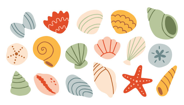 Vector set of colorful seashells and starfish in flat hand drawn style. Ocean beach collection with scallop, conch, and spiral shells. Minimalist summer elements for nautical decor or patterns