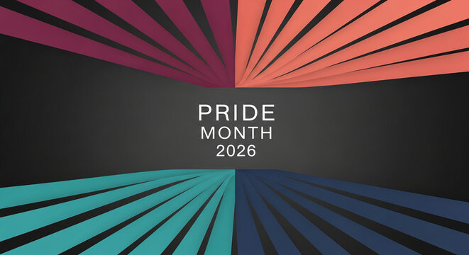 Abstract geometric background with colorful radiating lines on a dark canvas, representing Pride Month and community, ideal for event promotion or social statements