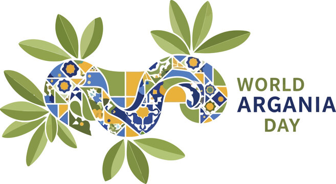 World Argania Day celebration banner, Moroccan mosaic pattern argan fruit vector, traditional zellige art with green leaves, cultural heritage illustration