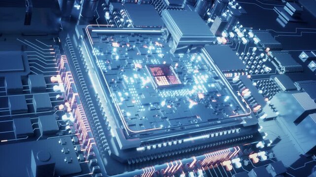 3D AI chip connected to the motherboard, activating the circuit board. Using cloud computing to process big data to ensure the operation of the city, AI brain neural network, computer room calculation