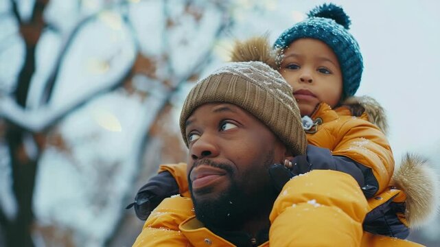 A man carries his child on his shoulders as they walk through a park covered with snow. Both are bundled up warmly for the winter weather.