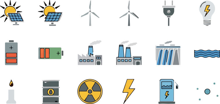 Renewable energy icons set, sustainable power generation symbols, green technology and industrial fuel vector elements for ecology infographics