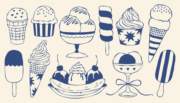 Hand drawn vector ice cream set in mediterranean blue style. Collection of gelato scoops, cones, popsicles, banana split, and sundae. Minimalist doodle summer dessert icons for cafe menu or textile