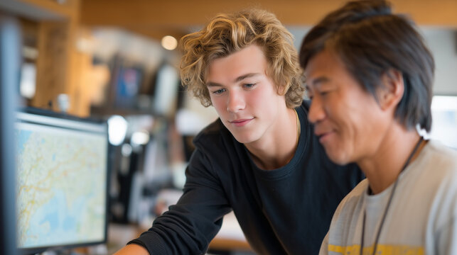 Teenage logistics intern learning route optimization software beside experienced dispatcher in busy freight coordination center, career pathway mentorship, supply chain workforce pipeline, operation