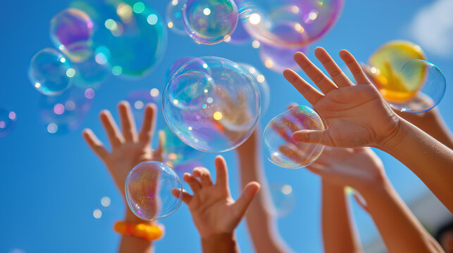 Overhead view of colorful soap bubbles floating above children's reaching hands in a park, carefree childhood concept, international children's day, joyful outdoor play, with copy