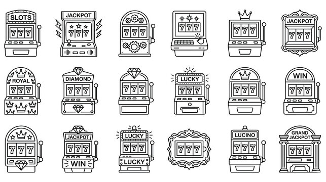 Collection of outline slot machine icons for casino games.