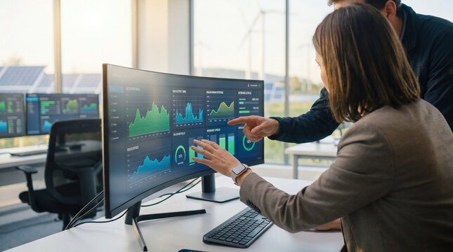 Colleagues discussing renewable energy statistics on large curved monitor in control room, team analyzing wind and solar power generation data charts for sustainable electricity
