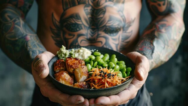 Tattooed man holding a bowl of grilled chicken, edamame, carrots, and rice.