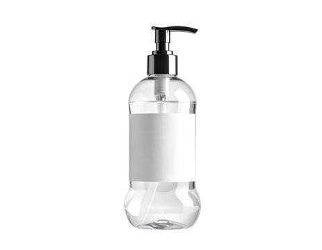 Clear dispenser bottle with pump, label, white background