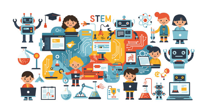Cheerful illustration of a young boy diligently using a laptop, conveying focus, learning, and the digital age. Perfect for educational materials and 