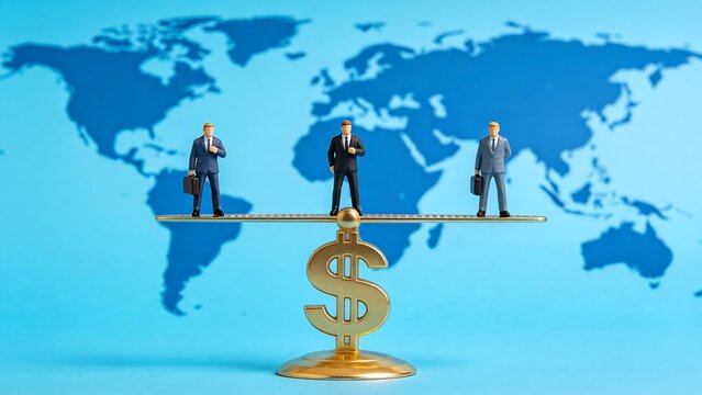 Miniature business figures on balance scale