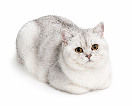 beautiful young Scottish Straight chinchilla cat relaxed loaf pose upright ears dense silver shaded long fur luminous amber eyes refined minimal wallpaper concept slightly elevated camera angle