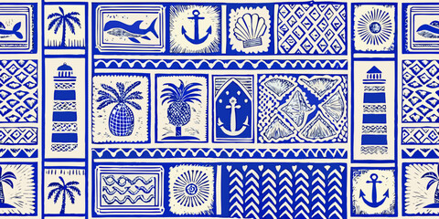 nautical pattern with pineapples and anchors blue and white © Indira