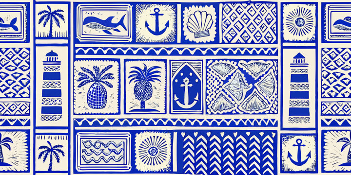 nautical pattern with pineapples and anchors blue and white