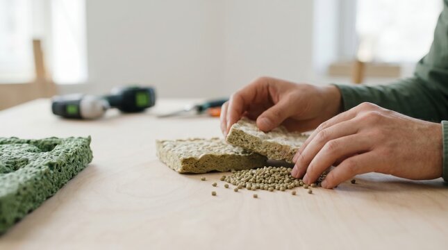 Hands examining mycelium based biodegradable material samples, sustainable eco-friendly packaging alternative, green construction and design concept.
