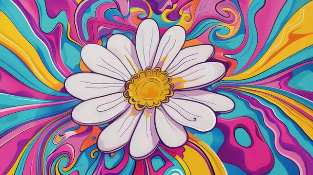 White daisy with yellow center on colorful swirling abstract background