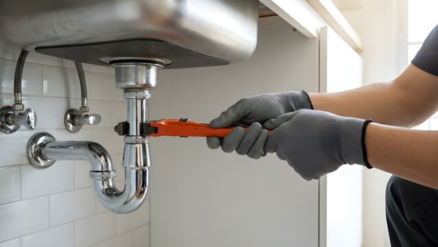 Professional technician plumber using wrench to repair water pipe under kitchen sink, plumbing maintenance service fixing leaks, replacing drain pipes and cleaning clogged or rusty plumbing system.