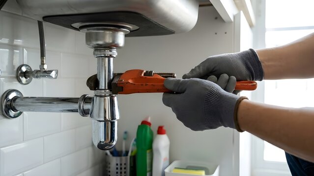 Professional technician plumber using wrench to repair water pipe under kitchen sink, plumbing maintenance service fixing leaks, replacing drain pipes and cleaning clogged or rusty plumbing system.