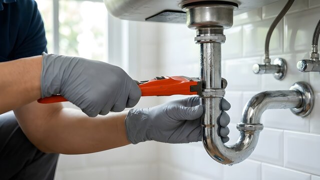 Professional technician plumber using wrench to repair water pipe under kitchen sink, plumbing maintenance service fixing leaks, replacing drain pipes and cleaning clogged or rusty plumbing system.