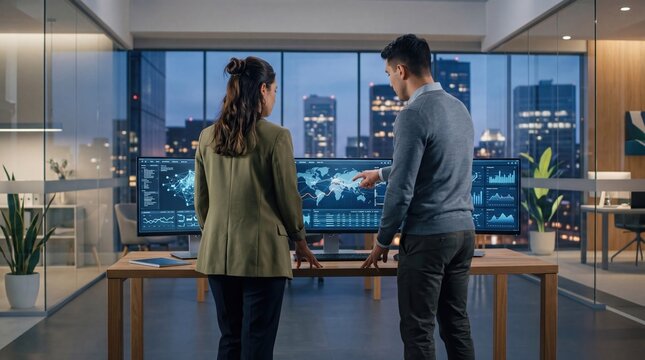 Business team collaborating on global strategy with multiple monitors displaying world map and charts, corporate planning and international market analysis.