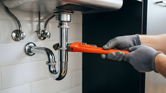 Professional technician plumber using wrench to repair water pipe under kitchen sink, plumbing maintenance service fixing leaks, replacing drain pipes and cleaning clogged or rusty plumbing system.