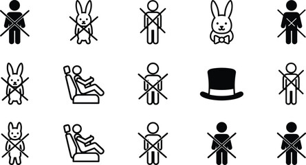 Naklejka premium Prohibition and restriction icon set featuring crossed out people, rabbits, driving seat, and top hat symbols in minimal outline vector style