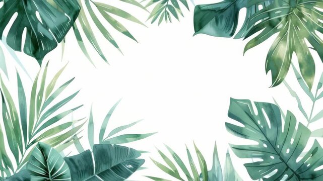 Watercolor tropical leaf pattern with a white background.