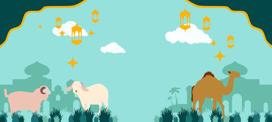 vector illustration of Eid al-Adha background with sacrificial animals, mosque, and lanterns. Perfect for Islamic greeting cards, posters, and religious celebration banners.Eid Al-Adha Illustration. © afifurochim