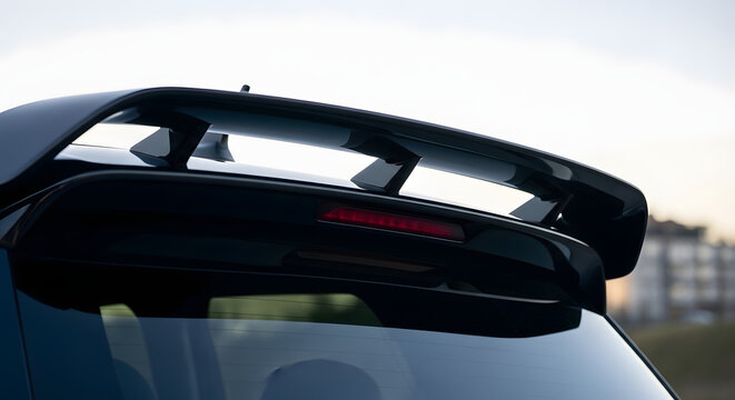 Close-up of car rear spoiler with red logo, modern vehicle design, automotive exterior. Generated AI