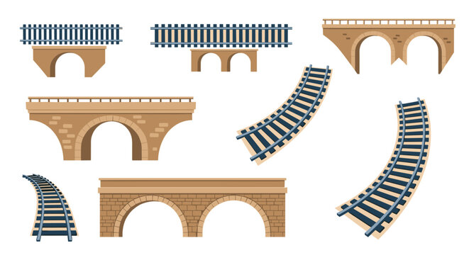 A set of various railway bridge designs and curved track segments is presented in a clean flat vector style on a plain white background for construction.