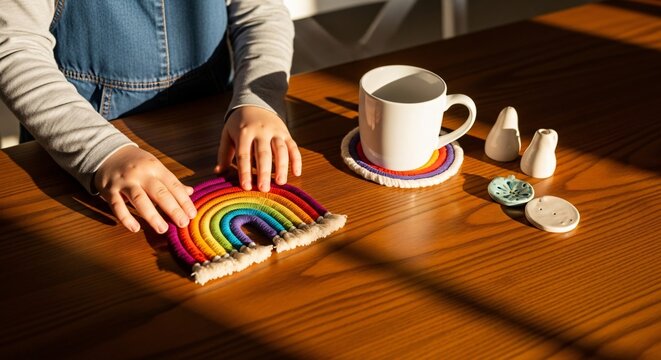 Child's hands touching handmade macrame rainbow coaster on sunlit wooden table, DIY Mother's Day gift concept, cozy morning breakfast, home craft, white coffee mug