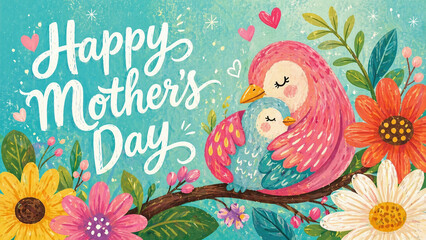 Naklejka premium Happy Mother's Day Illustration with Cute Pink and Blue Birds Cuddling on a Branch Surrounded by Colorful Flowers and Hearts on a Turquoise Textured Background