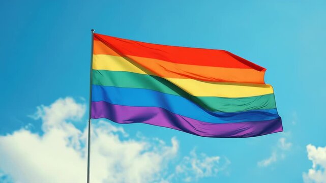Vibrant rainbow flag symbolizing LGBTQ pride and equality against blue sky.