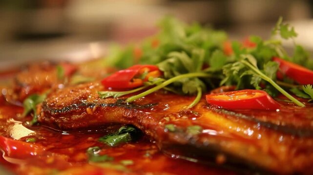 Close-up of spicy fish dish with red chilies and fresh coriander in rich sauce