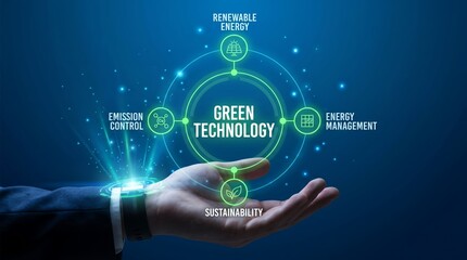 Naklejka premium Hand holding green technology concept with sustainability and renewable energy