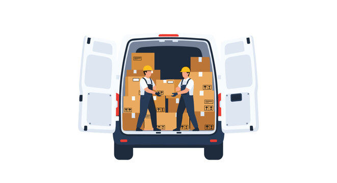 Two workers in hard hats loading cardboard boxes into the back of a white delivery van in a clean flat illustration style for logistics projects.