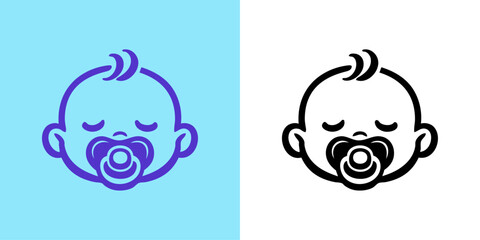 Logotipo con dibujo minimalista con líneas de la cabeza de un lindo bebé niño durmiendo con chupete © teracreonte