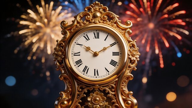 Ornate golden clock with fireworks