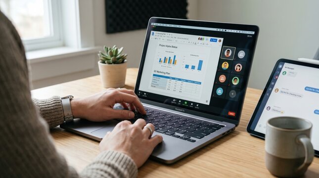 Remote worker attending online video conference meeting on laptop with project charts and team members visible on screen at home desk.